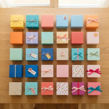 Collection of Small Colorful Gift Boxes Arranged Neatly.
