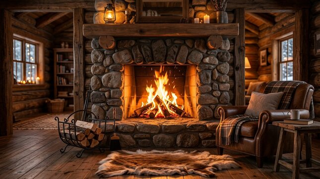 Cozy Log Cabin Fireplace with Warm Glowing Fire and Rustic Decor.
