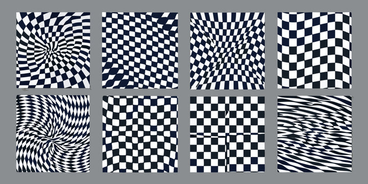 Warped checkerboard pattern set black and white vector illustrations