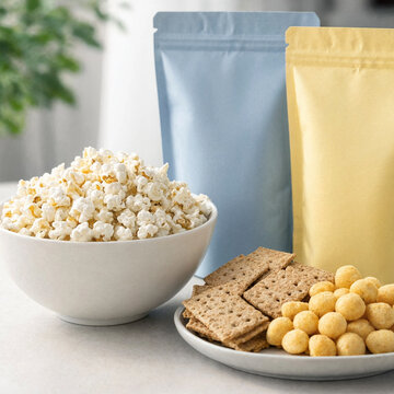 A bowl of popcorn and a plate of crackers and cheese puffs arranged with two matte pouch bags in the background. Neutral tabletop composition suitable for food packaging or marketing.