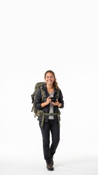 Young woman with backpack and camera smiling on white background Silhouette