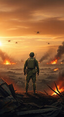 Obraz premium Soldier stands on rubble with helicopters flying over explosions. Symbolizes conflict, destruction, and war.