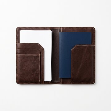 Brown Leather Passport Holder with Blue Passport and White Documents on White Background Silhouette
