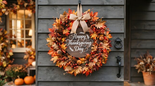 A beautiful autumn wreath hanging on a rustic wooden front door with a sign that says happy thanksgiving to celebrate the festive fall harvest season