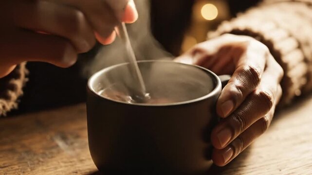 Hands stirring steaming hot beverage in mug on wood