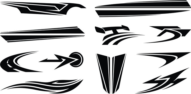 Collection of black car body decals featuring sharp geometric shapes, speed stripes, and racing on a white background