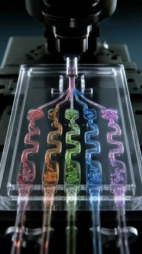 Microscope view of colored translucent fluids entering five parallel serpentine microchannels on clear microfluidic chip with circular reservoirs and glossy precision lab surface