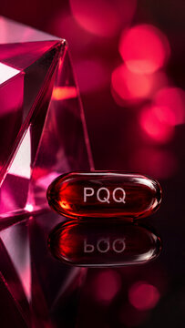 A red capsule labeled PQQ sits beside a shiny pink crystal. The background has a soft light with red tones, creating a stylish view that highlights the items