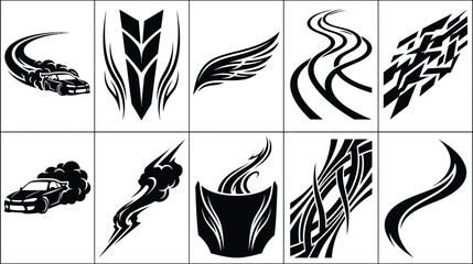Collection of black car decals, drifting car silhouettes, smoke effects, and tribal patterns for automotive vinyl wrap and styling © GR Graphics