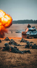 Obraz premium Soldiers in uniform on a battlefield with an explosion and a tank, symbolizing conflict, war, and combat, suitable for historical or military themes.