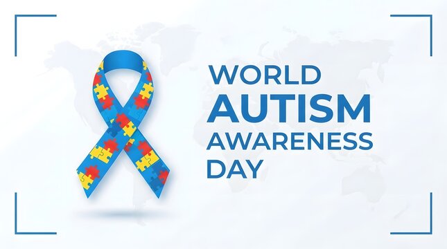 World autism awareness day background featuring a colorful puzzle piece ribbon on a light blue backdrop