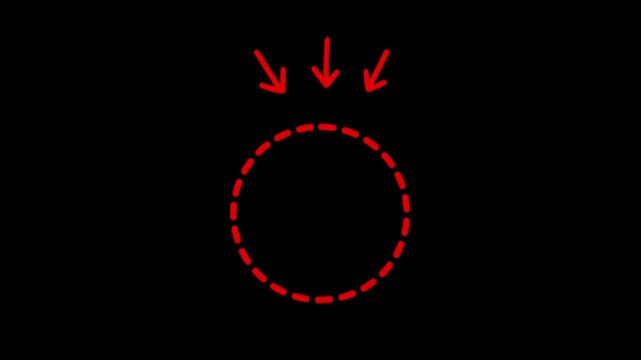 Animated highlight arrow pointing to dash red circle rotating on black background. red arrow pointing at dashed circle animation. direction arrow icon animation with circle.