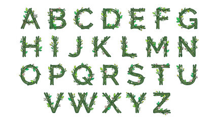 Naklejka premium Alphabet letters made from green leaves and branches on a white background.
