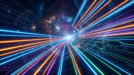 Fototapeta premium Speeding through digital space with glowing neon lines and circuit board patterns.
