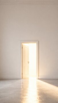 Open door in bright empty interior with sunlight