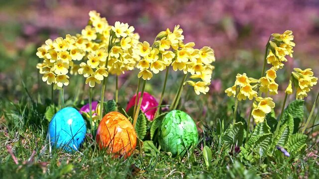 Colorful Easter Eggs Hidden in Green Grass with Spring Flowers