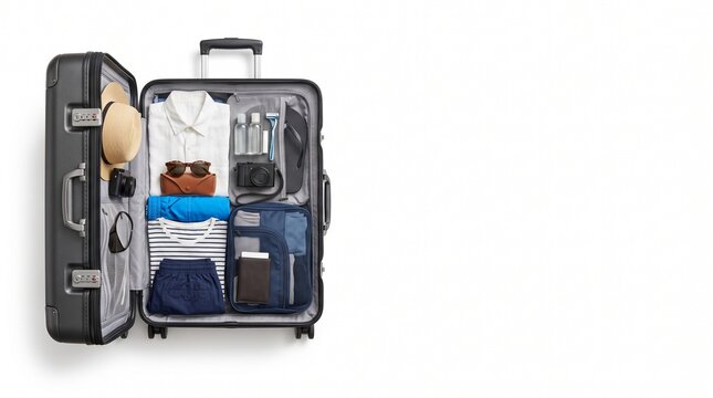 Open Suitcase Packed With Travel Essentials Including Clothes Toiletries Camera and Hat Silhouette