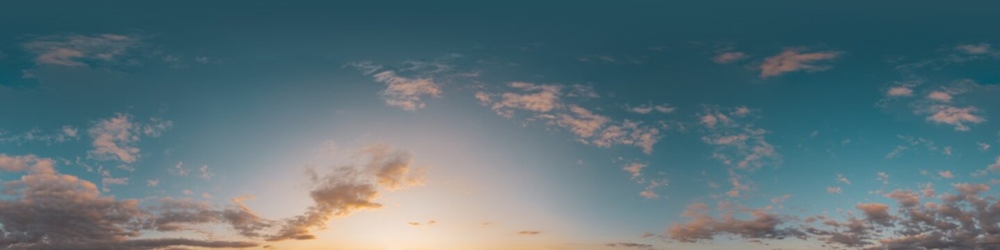 Panorama sky clouds featuring a wide 360 degree view of a colorful sunset with soft wispy clouds across the horizon