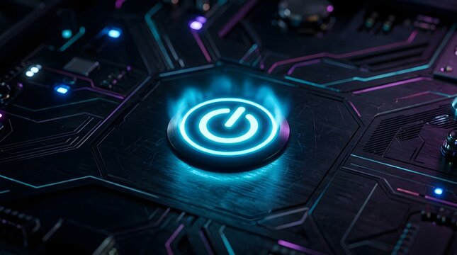 Glowing power button on a dark circuit board background with neon lights and smoke effect.