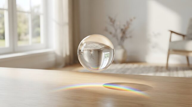 A clear glass sphere sitting on a wooden table in a bright sunlit room with blurred interior background