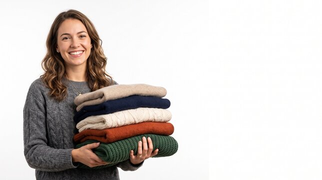 Smiling woman holding a stack of folded cozy sweaters in warm autumn colors against a white background Silhouette
