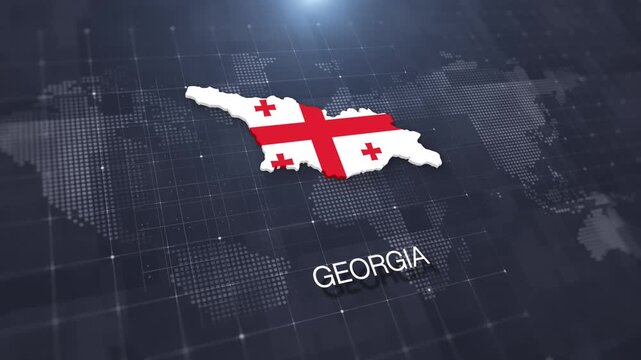 Georgia map with national flag on digital world map background, geographic border, global political and international news concept