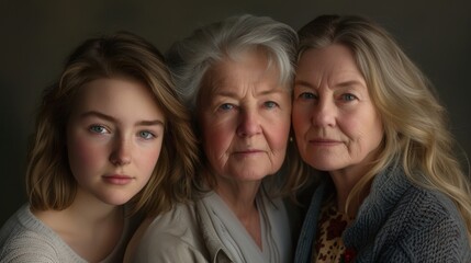 Fototapeta premium Three generations of women, a young girl, middle-aged woman, and elderly lady, standing closely together with soft lighting and neutral background highlighting their features