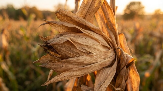 Close up of a dry corn stalk in a field at sunset.