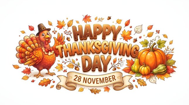 A festive watercolor illustration featuring a turkey and pumpkins with the text happy thanksgiving day to celebrate the holiday season during the month of november