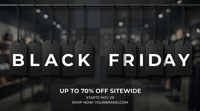 Black Friday sale banner with hanging black price tags on dark