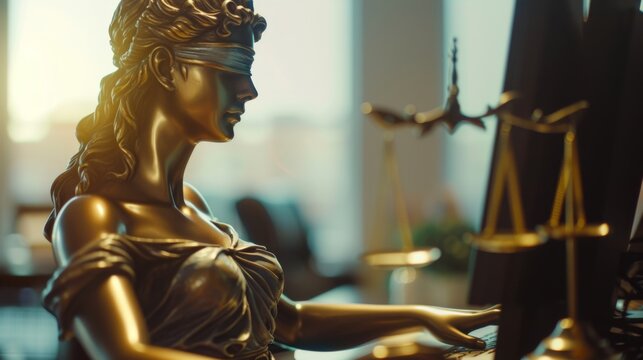 Statue of Justice depicted as a bronze figure with a blindfold, seated at a desk with a computer and scales of justice in a modern office environment