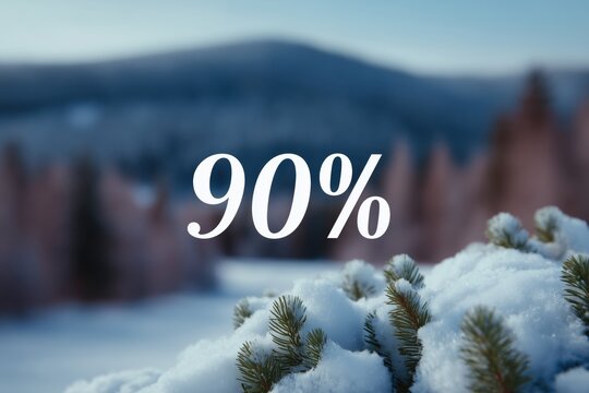 White 90 percent discount over a blurred winter landscape, seasonal promotion, snowy scenery, holiday shopping, winter sale, Christmas.
