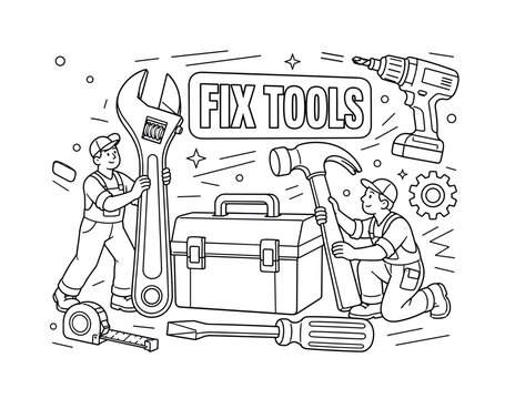 Tools Instrument Set. Banner line art composition featuring a workshop tool scene spread across the full canvas, two workers organizing an oversized wrench and large hammer, oversized toolbox and