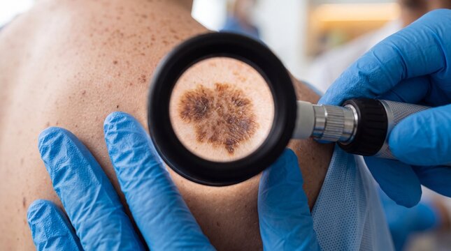 Dermatologist skin mole examination magnifier glove healthcare medical cancer diagnosis prevention adult closeup
