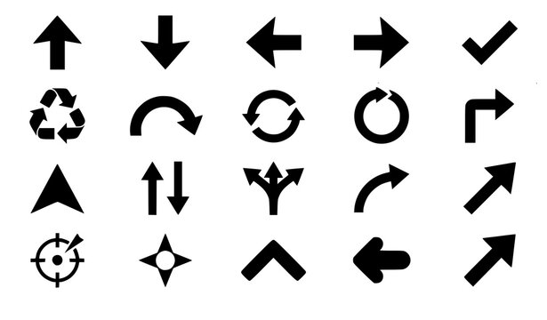 Bold minimalist arrow icons vector kit with 20 thick black graphic direction symbols for presentation poster