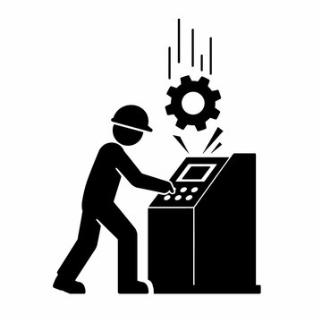 Machine Operator Under Falling Gear Black Silhouette Industrial Equipment Hazard Safety Warning Pictogram