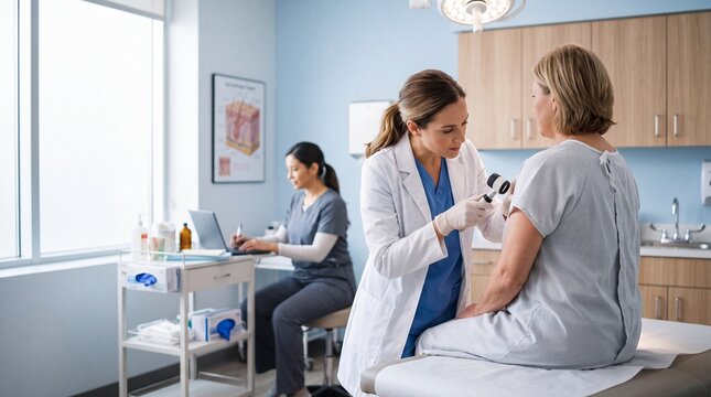 Female doctor examining patient skin in bright medical clinic, preventive healthcare and early diagnosis, nurse working in background