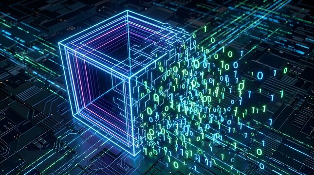 Luminous geometric cube releasing digital binary data bits on dark motherboard surface.