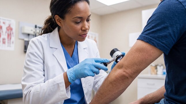 Female doctor examining patient arm with dermatoscope, preventive healthcare concept, medical professional wearing gloves in clinic, focused and caring atmosphere