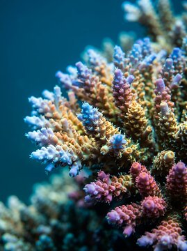 Close-up of vibrant branching coral with blue and pink polyps underwater.
