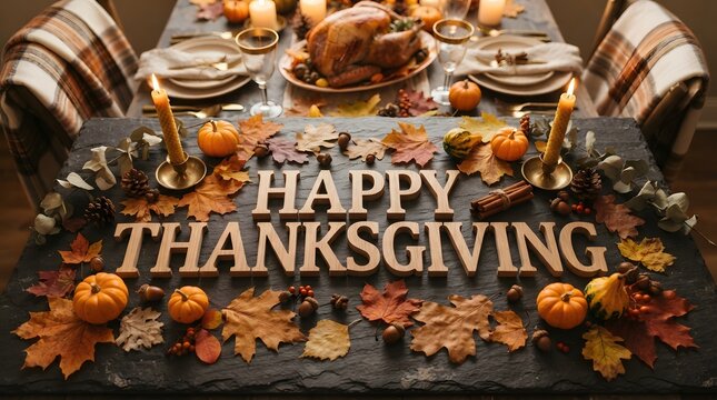 A festive table setting featuring a roasted turkey and autumn decorations with the words happy thanksgiving displayed prominently for a traditional holiday dinner celebration concept