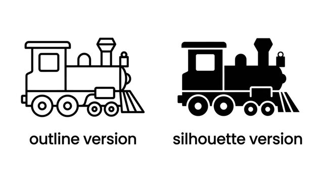 Locomotive Icons: A clear outline and a solid silhouette of a classic steam locomotive, representing two distinct graphic styles for transportation.