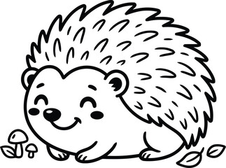Obraz premium Cute smiling hedgehog coloring page line art black and white Adorable smiling hedgehog sitting near mushrooms and leaves designed as a fun black and white coloring page for kids.