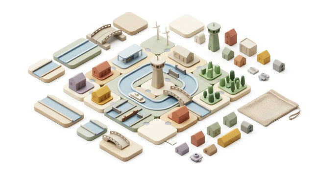 Isometric toy city set with modular road and water canal pieces