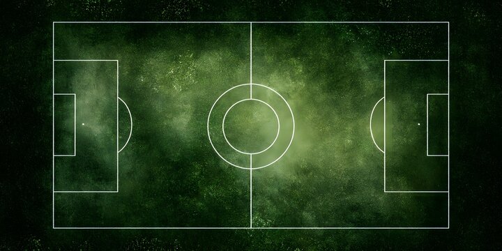 A soccer field with white markings on a dark green textured background featuring atmospheric lighting effects
