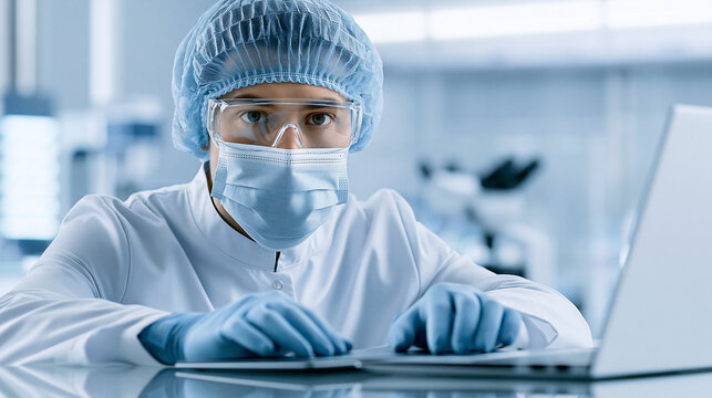 Scientist programming robotic equipment in a sterile lab for genetic engineering projects