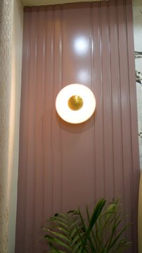 Modern interior wall with round lamp. Elegant home decor with vertical paneling and plant.