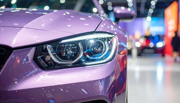Close-up of a luxurious purple sports car headlight at an auto show exhibition