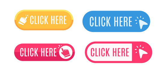 Fototapeta premium Collection of vibrant Click Here call to action buttons with cursor and hand icons for digital interfaces.