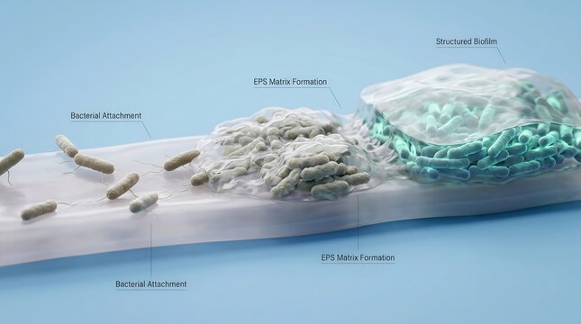 3D medical illustration showing the stages of bacterial attachment and biofilm formation on a surface